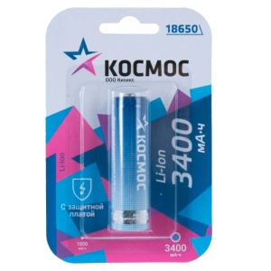Космос 18650 3400mah KOC18650Li-ion34PBL1 с защитой BL1